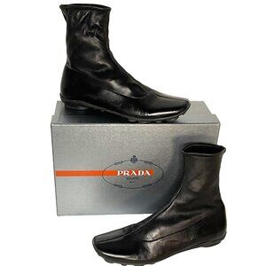 Vintage Prada Womens sz 35.5/5.5 Black Leather Flats Boots Ankle Sock Bootie